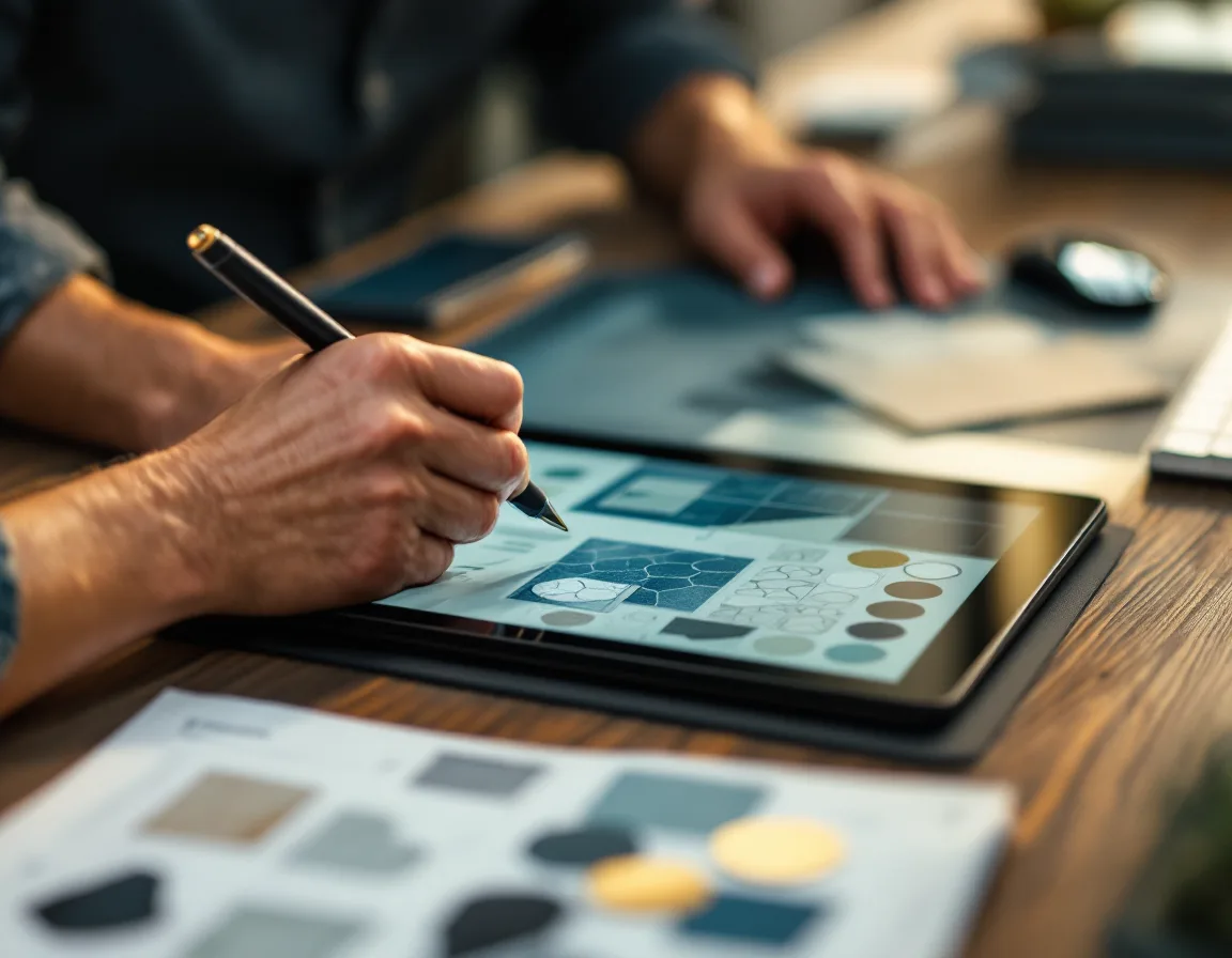 Hands working at a graphics tablet beside printed elevations and material swatches