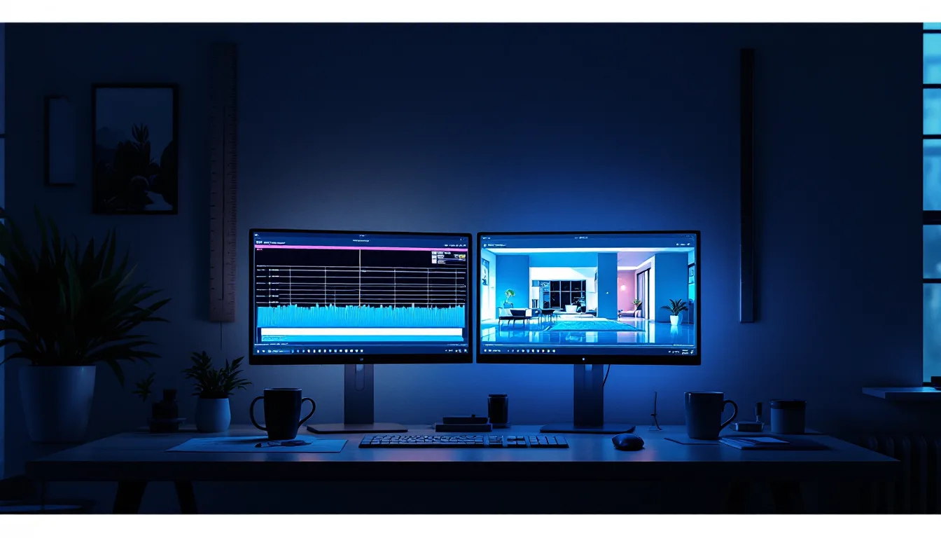 Studio at night, monitors mid-render showing a photoreal interior
