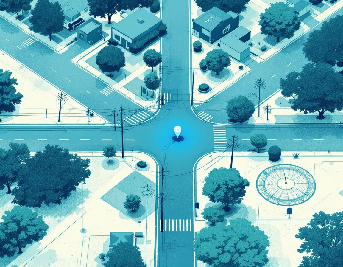 Stylized street-grid map of Oaklandpark with a marker over the Fathom studio