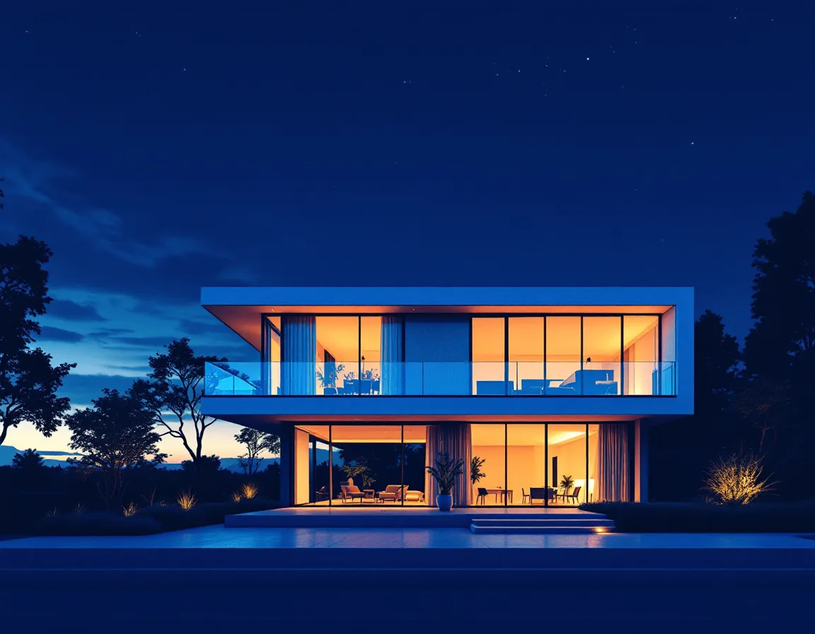 Exterior twilight render of a contemporary residence